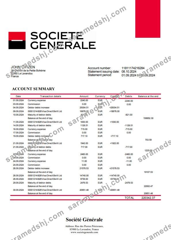 France Société Générale bank statement template, Word and PDF format
